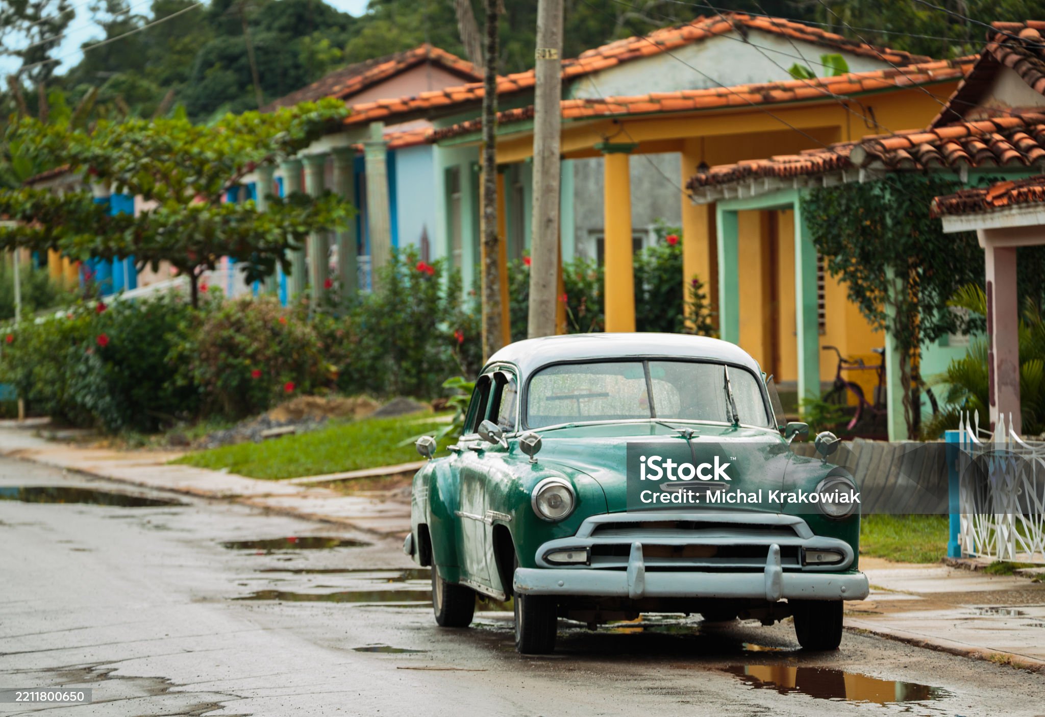 Vintage american car on a stret of Vinales, Cuba